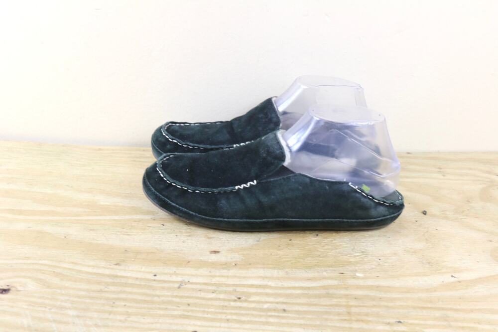 OluKai Nohea Slipper 8 Black Suede Wool Shearling Lined Slip On Shoes